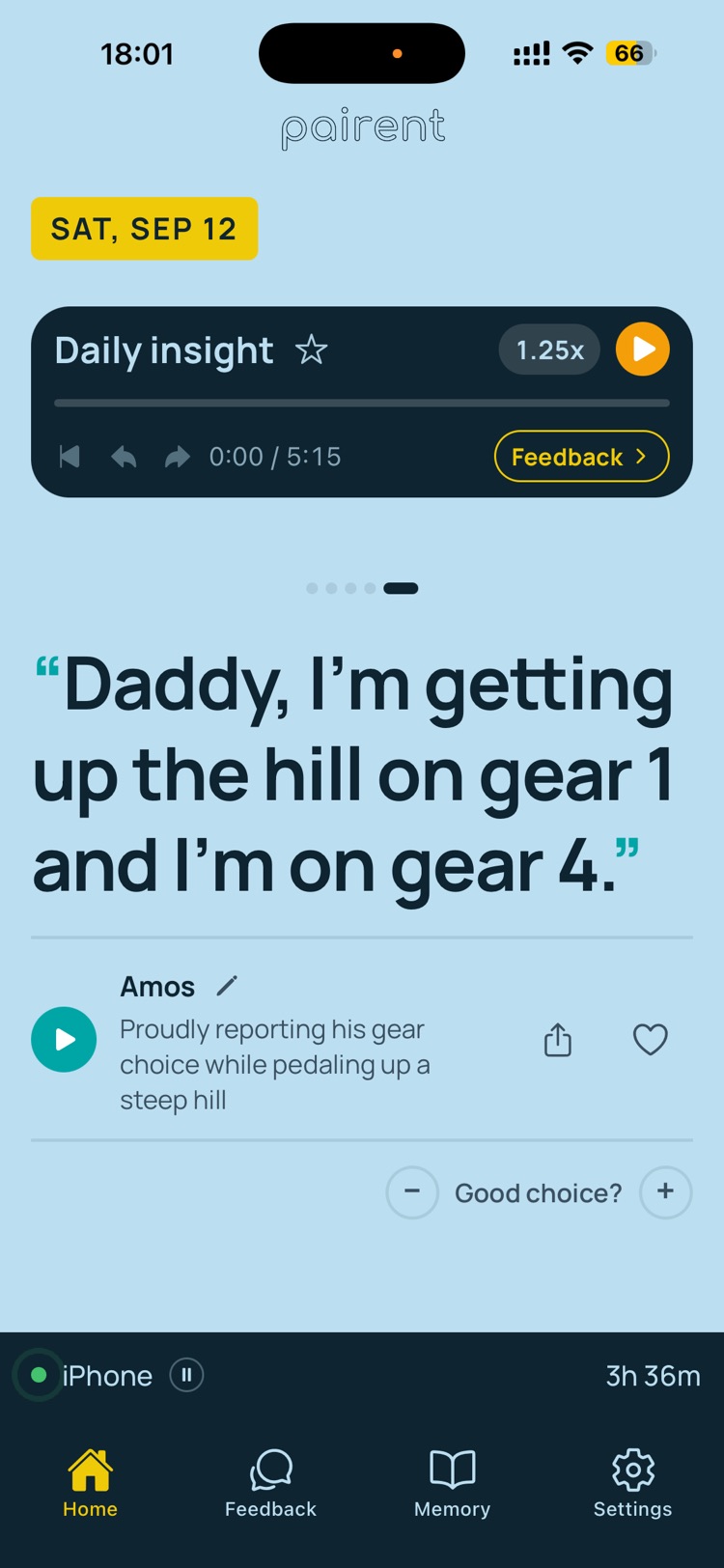Pairent home screen: the day’s coaching audio and a quote from your child